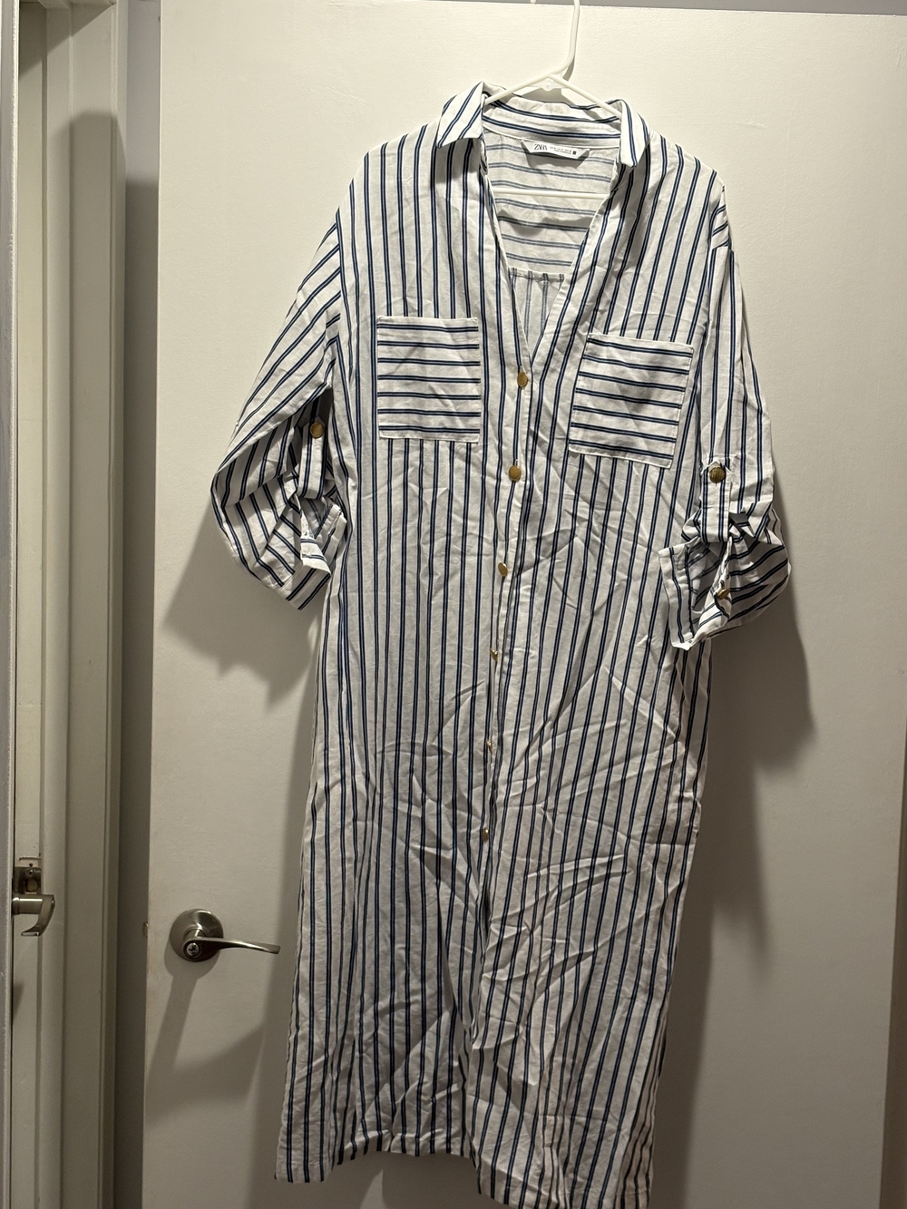 Zara White & Navy Vertical-Stripe Maxi Shirt Dress